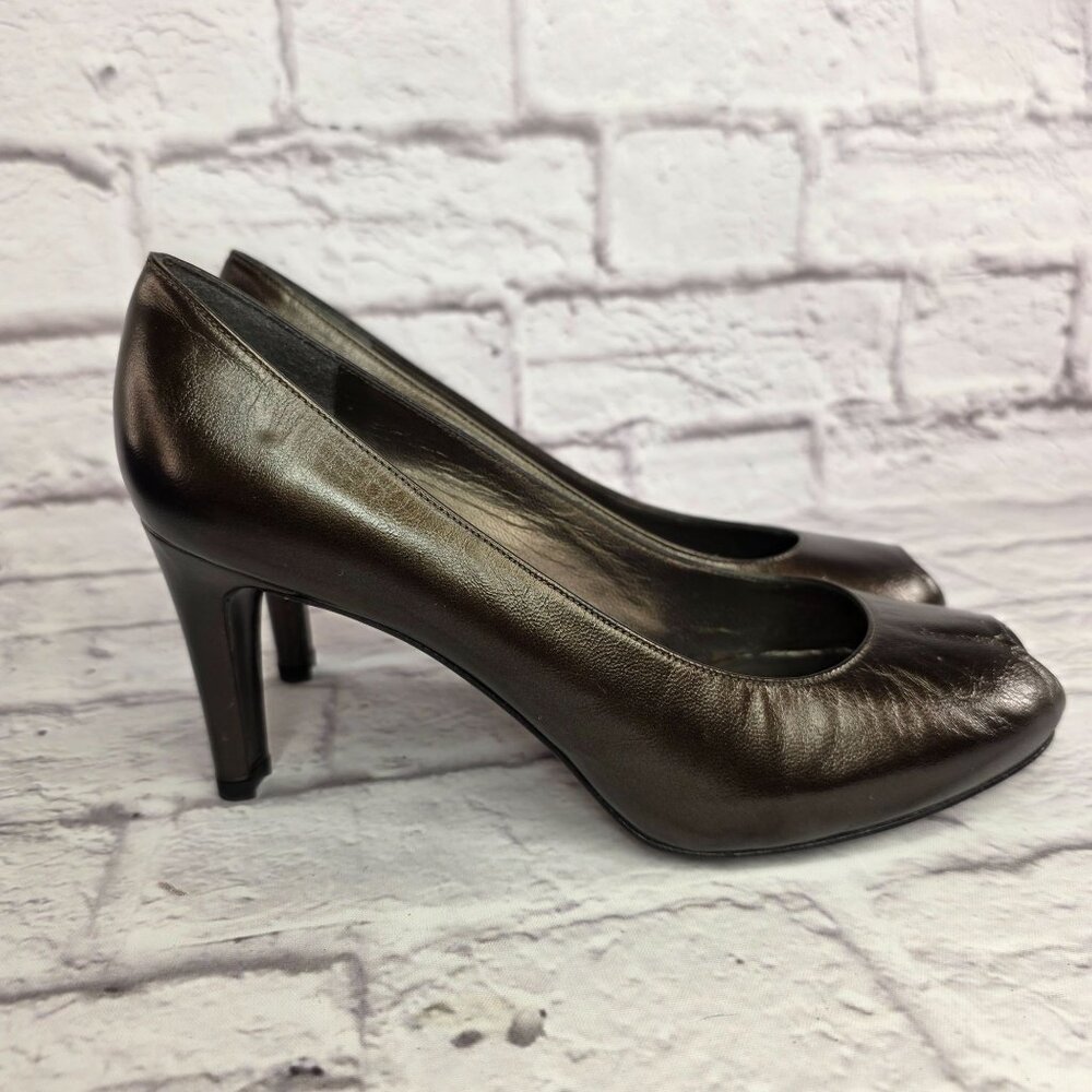 Stuart Weitzman Womens Shoes Sz 8 Cafe Pearl Leather Peep Toe High Heel Pumps - Picture 5 of 13